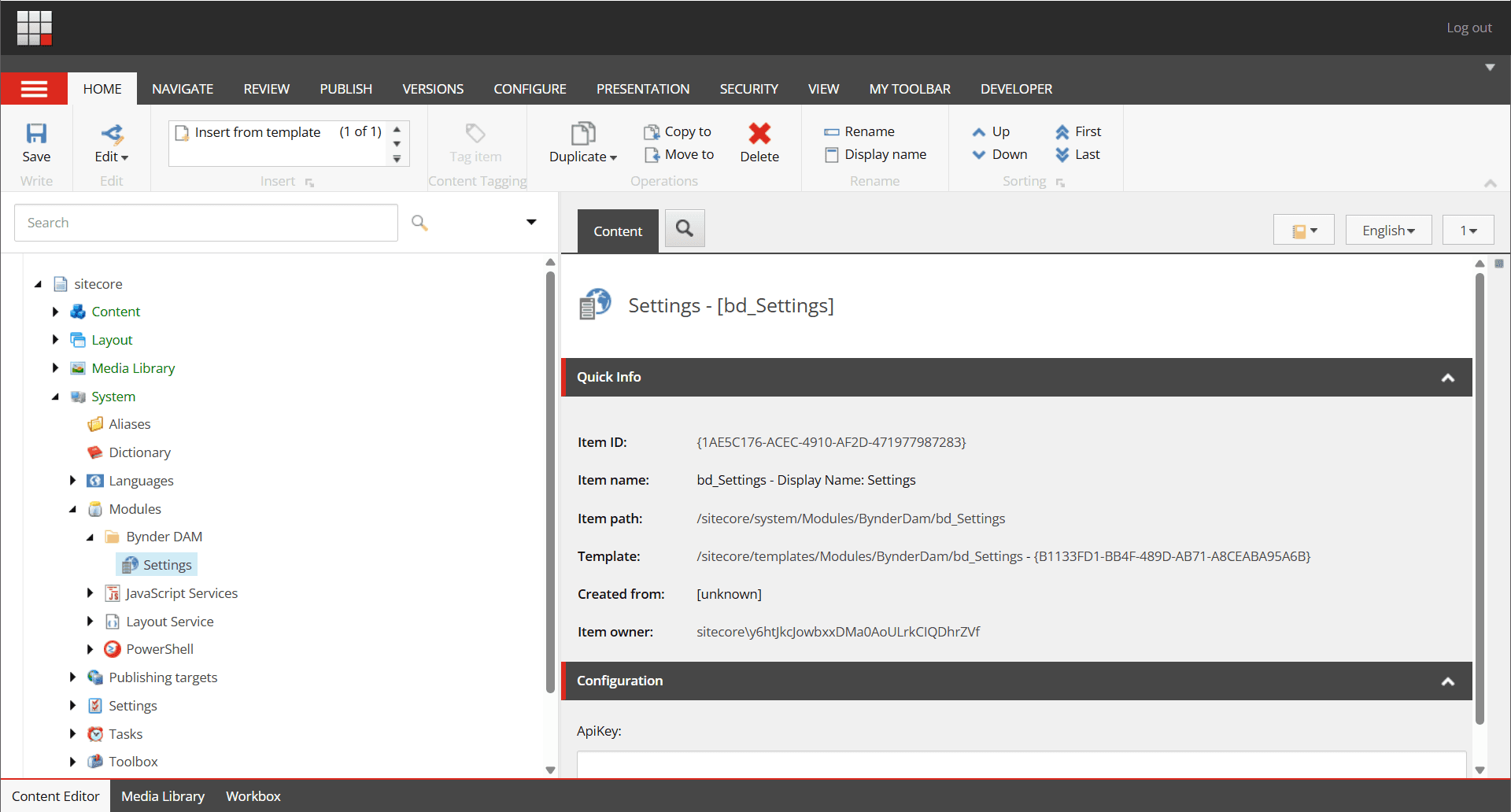Settings Configuration Item
